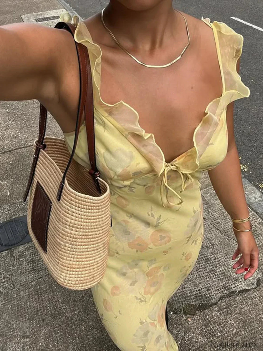 Yellow Camisole Floral Dress Slim Fit Fairycore Floral Dress