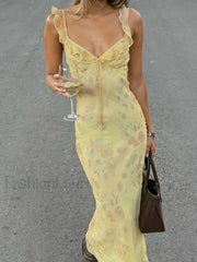 Yellow Camisole Floral Dress Slim Fit Fairycore Floral Dress