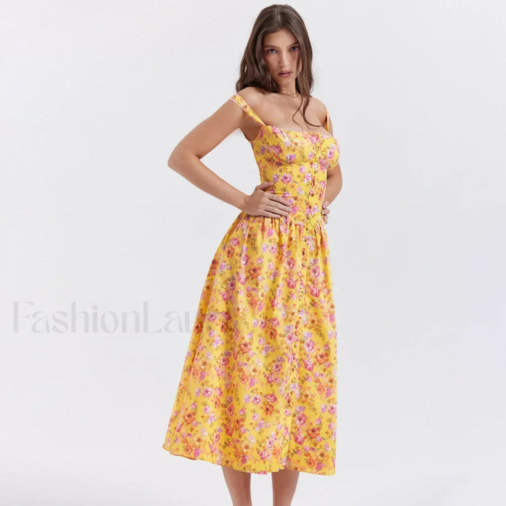 Yellow Lace Up Pocket Floral Dress