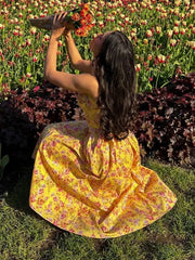 Yellow Lace Up Pocket Floral Dress