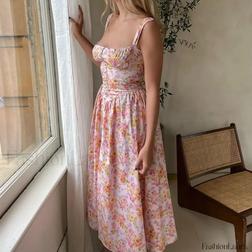 Yellow Lace Up Pocket Floral Dress Pink / XS