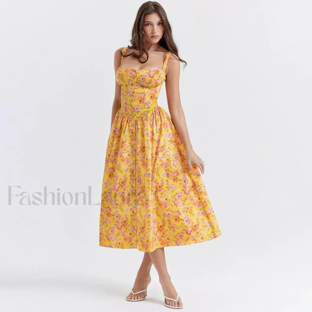 Yellow Lace Up Pocket Floral Dress Yellow / XS