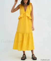 Yellow Linen Ruffle Midi Dress Yellow / S