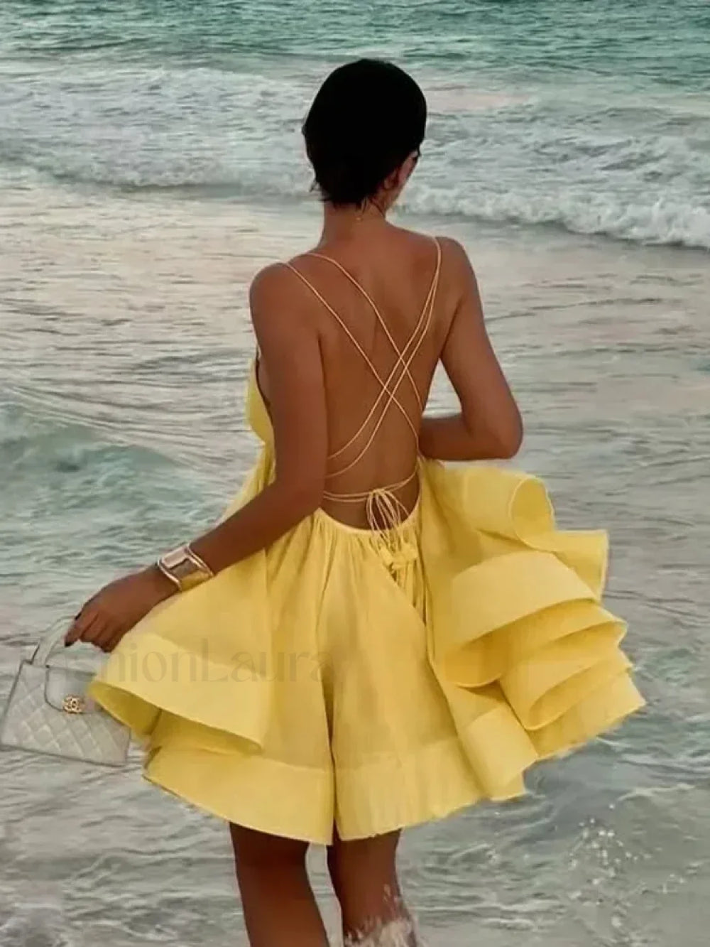 Yellow Pleated Lace Up Mini Dress