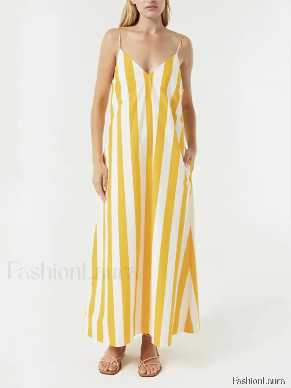 Yellow Striped Pocket Maxi Dress Yellow / S