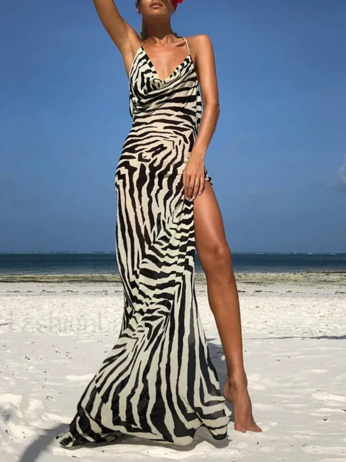 Zebra/Leopard Print Backless Split Cover Ups BLACK / S