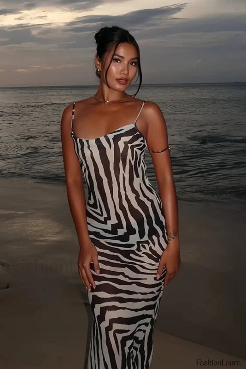 Zebra Print Backless Strappy Slim Floral Dress