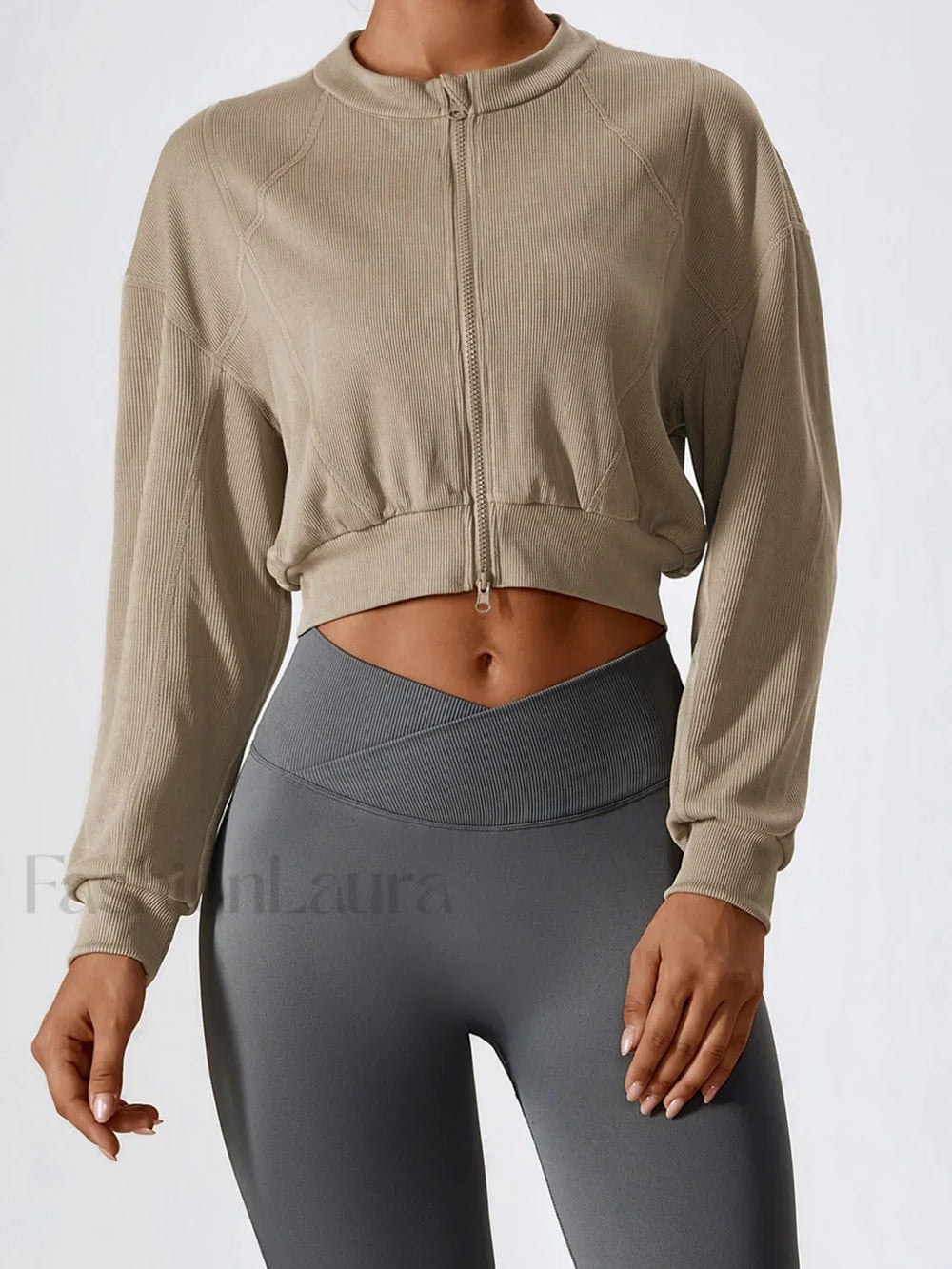 Zip Up Graceful Rib Crop Sweatshirt Khaki / S Sweatshirts