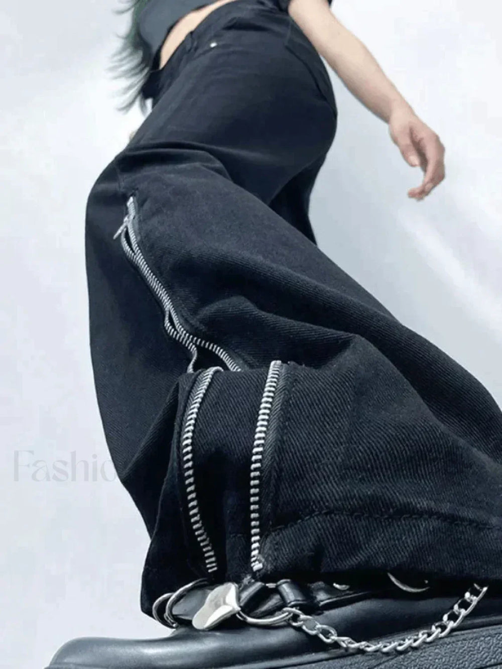 Zipper Design Black Ankle Flare Cargo Jeans Jeans