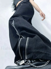 Zipper Design Black Ankle Flare Cargo Jeans Jeans