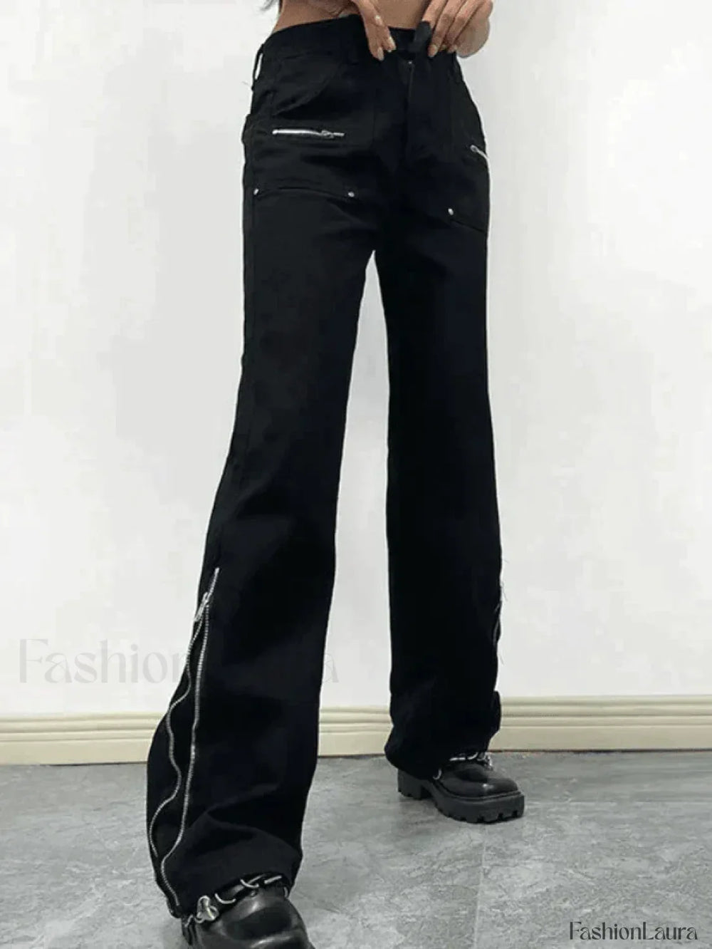 Zipper Design Black Ankle Flare Cargo Jeans Jeans