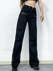 Zipper Design Black Ankle Flare Cargo Jeans Black / S Jeans