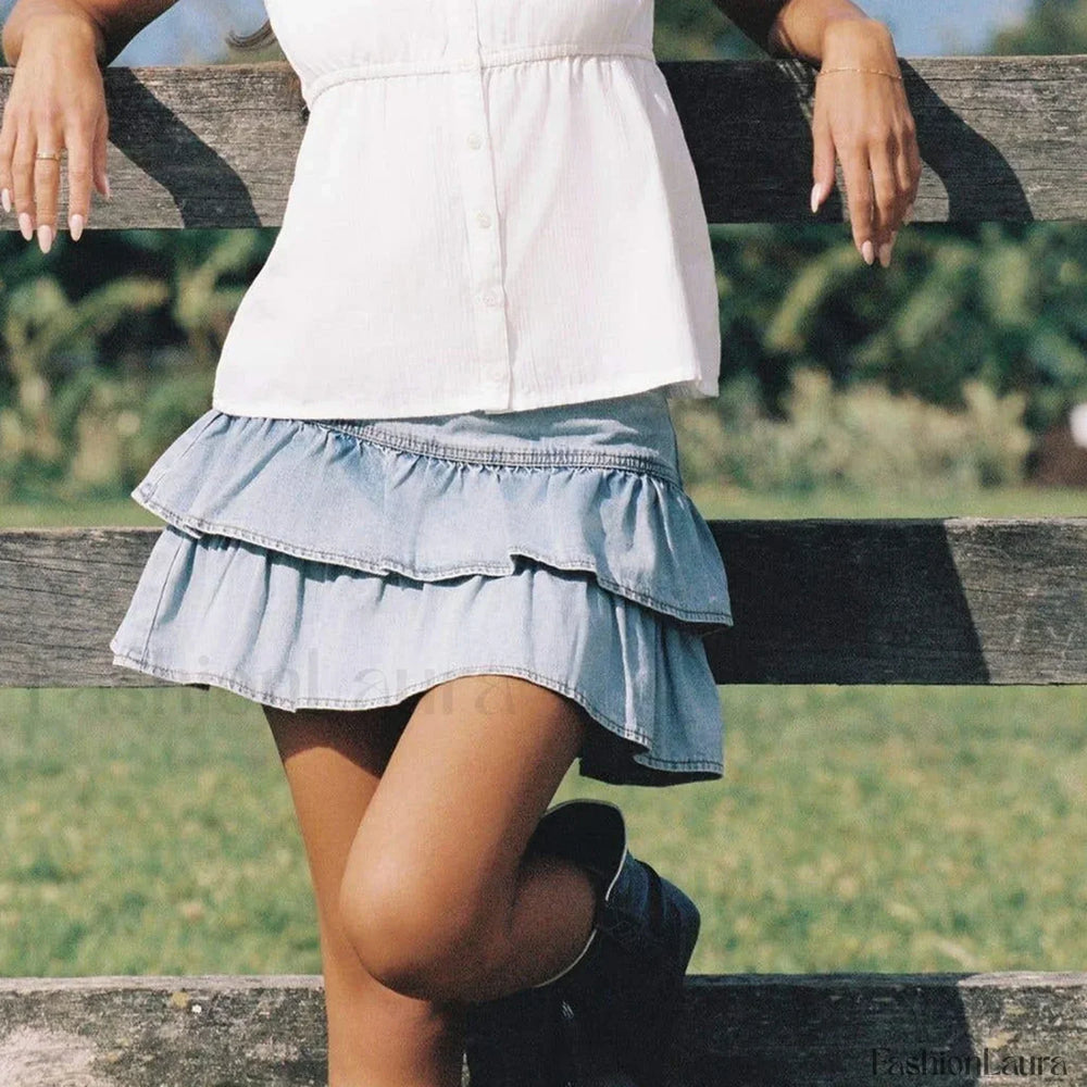 Zipper Ruffle Denim Skirt Blue / S