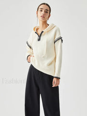 Zippered Hooded Graceful Contrast Trim Sweater Sweaters L